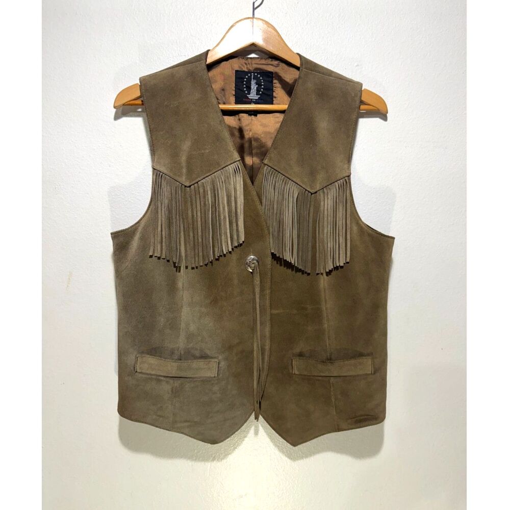 Diamond Leather suede leather vest VTG USA western country fringe rodeo women12